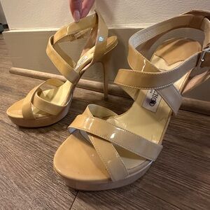 Jimmy Choo strappy nude patent leather platform heels